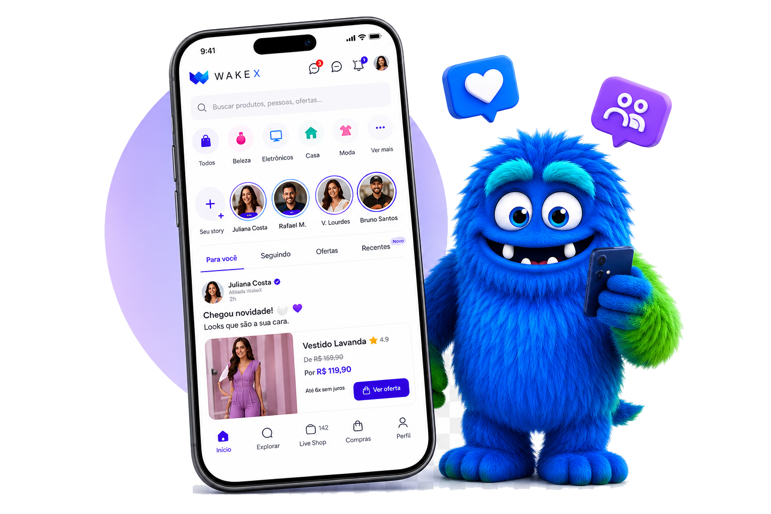 Aplicativo WakeX ao lado do mascote WakeX